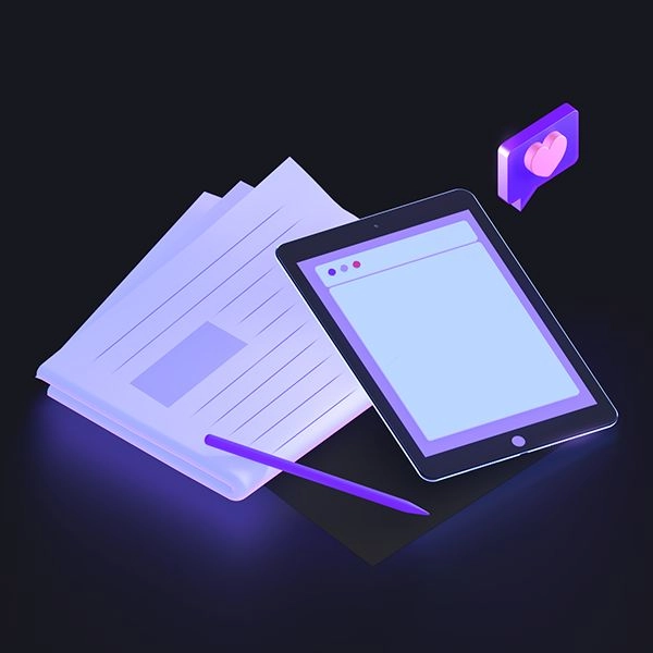 web design services by a digital marketing freelancer in Dubai, showing a tablet with documents and a social media notification