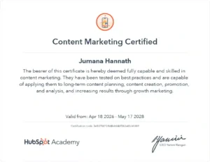 Content Marketing certificate by a digital marketing freelancer in Dubai