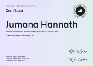 Semrush certificate by digital marketing freelancer in Dubai