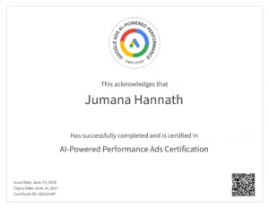 Image of Google Ads AI performance max certificate by a digital marketing freelancer in Dubai