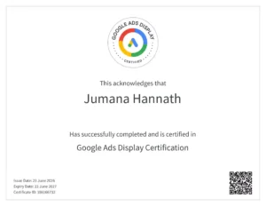 Image of Google ads display certificate by a digital marketing freelancer in Dubai