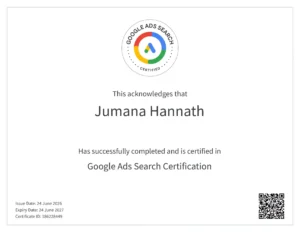 Image of Google search ads display certificate by a digital marketing freelancer in Dubai