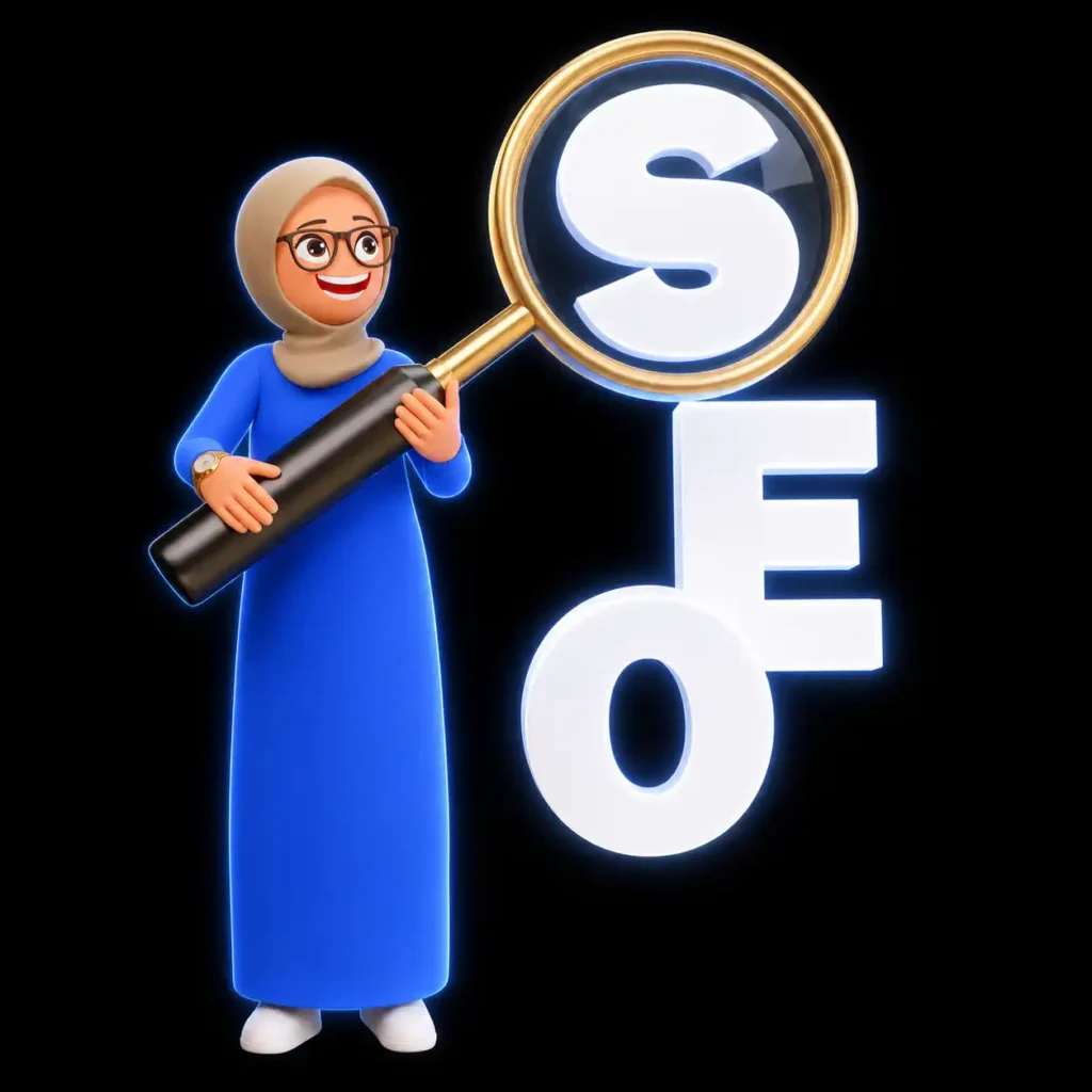 An illustration of jumana hannath digital marketing freelancer in Dubai standing and holding SEO letters on hand